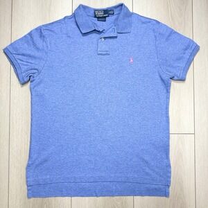 Y2K Polo Ralph Lauren Custom Fit Blue Polo Shirt‎ Mens M Pink Pony 100% Cotton